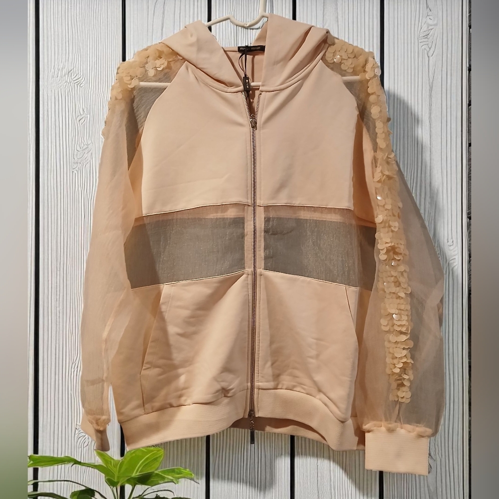 Rivas Womans Nude Blush Pink Sequin Sheer Hoodie Zip Front Sweatshirt Size Large